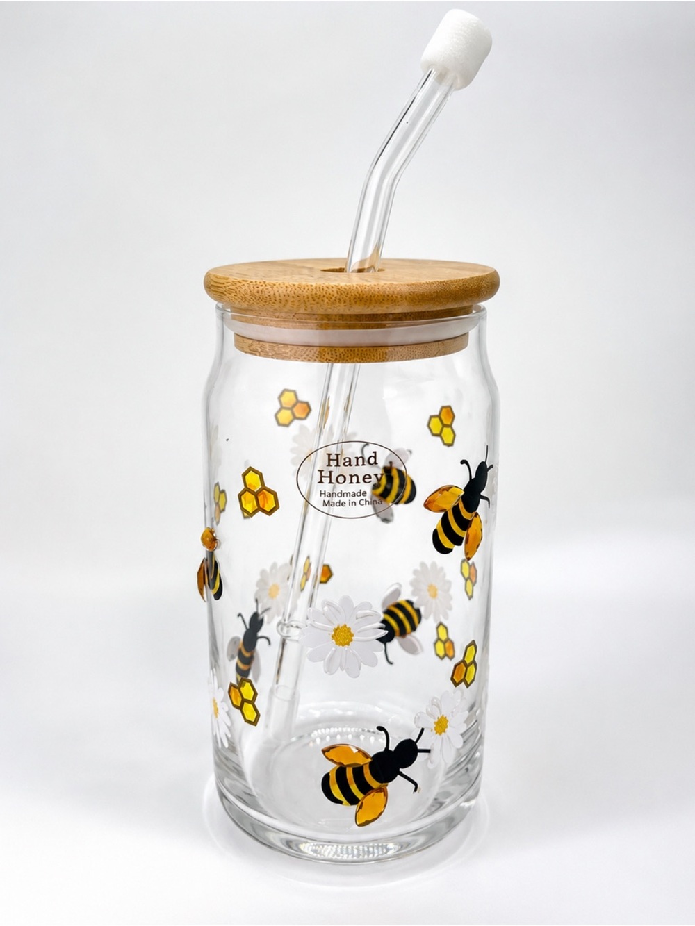 Hand Honey Bee Glass Jar with Bamboo Lid & Glass Straw - Yellow